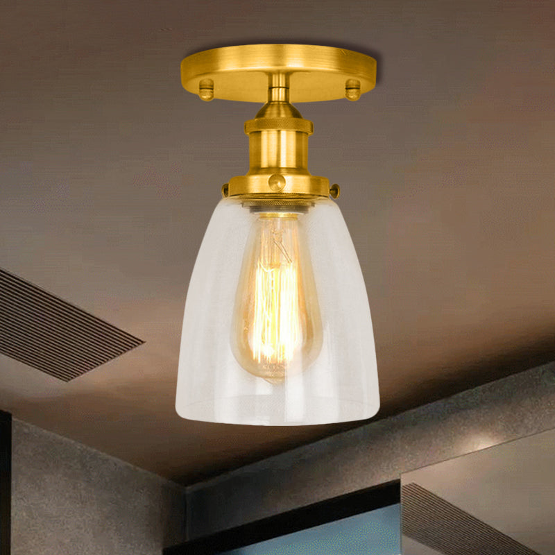 One Bulb Light Fixtures Ceiling Industrial Cone Clear Glass Semi Flush Mount Lighting in Silver/Brass/Rust Clearhalo 'Ceiling Lights' 'Close To Ceiling Lights' 'Close to ceiling' 'Glass shade' 'Glass' 'Semi-flushmount' Lighting' 460362