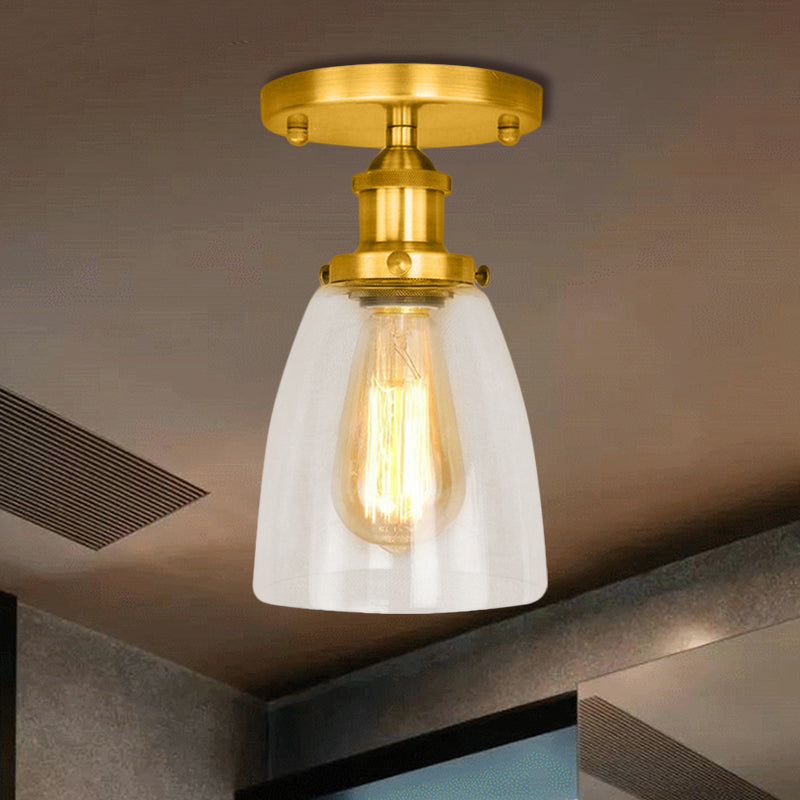 One Bulb Light Fixtures Ceiling Industrial Cone Clear Glass Semi Flush Mount Lighting in Silver/Brass/Rust Clearhalo 'Ceiling Lights' 'Close To Ceiling Lights' 'Close to ceiling' 'Glass shade' 'Glass' 'Semi-flushmount' Lighting' 460362