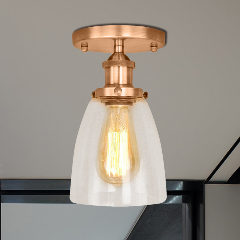 One Bulb Light Fixtures Ceiling Industrial Cone Clear Glass Semi Flush Mount Lighting in Silver/Brass/Rust Clearhalo 'Ceiling Lights' 'Close To Ceiling Lights' 'Close to ceiling' 'Glass shade' 'Glass' 'Semi-flushmount' Lighting' 460363