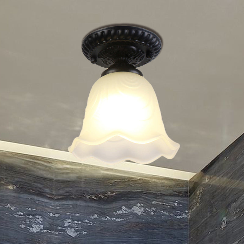 Scalloped Frosted Glass Semi Mount Lighting Rustic 1 Bulb Living Room Ceiling Light Fixture in Black Clearhalo 'Ceiling Lights' 'Close To Ceiling Lights' 'Close to ceiling' 'Glass shade' 'Glass' 'Semi-flushmount' Lighting' 460375