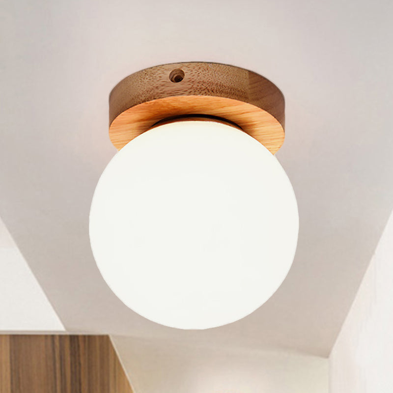 One Light Globe Flush Mount Ceiling Light Nordic Wooden Milky Glass Lighting Fixture Clearhalo 'Ceiling Lights' 'Close To Ceiling Lights' 'Close to ceiling' 'Flush mount' Lighting' 460379