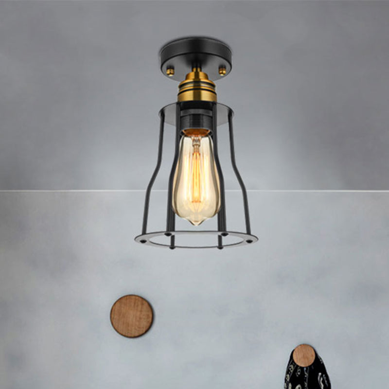 Industrial Stylish Wire Guard Ceiling Light 1 Light Metallic Semi Flush Light in Brass/Antique Brass for Hallway Clearhalo 'Ceiling Lights' 'Close To Ceiling Lights' 'Close to ceiling' 'Semi-flushmount' Lighting' 460383