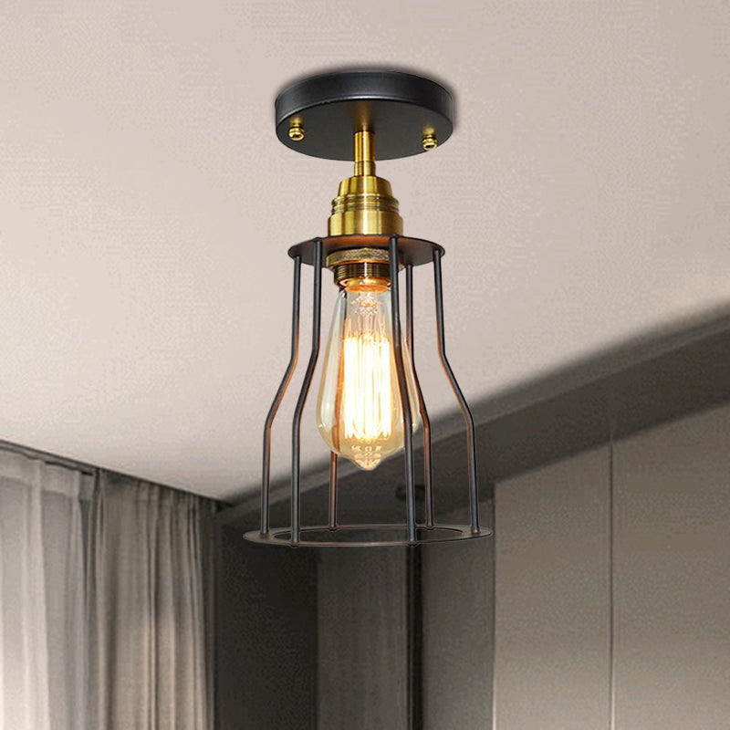Industrial Stylish Wire Guard Ceiling Light 1 Light Metallic Semi Flush Light in Brass/Antique Brass for Hallway Clearhalo 'Ceiling Lights' 'Close To Ceiling Lights' 'Close to ceiling' 'Semi-flushmount' Lighting' 460384
