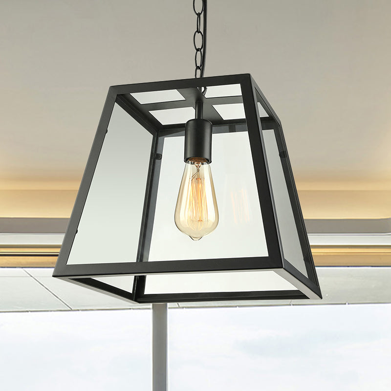 Industrial Trapezoid Pendant Lighting 1 Light Clear Glass Hanging Light Fixture in Black, 7" /12" Wide Clearhalo 'Ceiling Lights' 'Chandeliers' 'Glass shade' 'Glass' 'Industrial Pendants' 'Industrial' 'Middle Century Pendants' 'Pendant Lights' 'Pendants' 'Tiffany' Lighting' 460388
