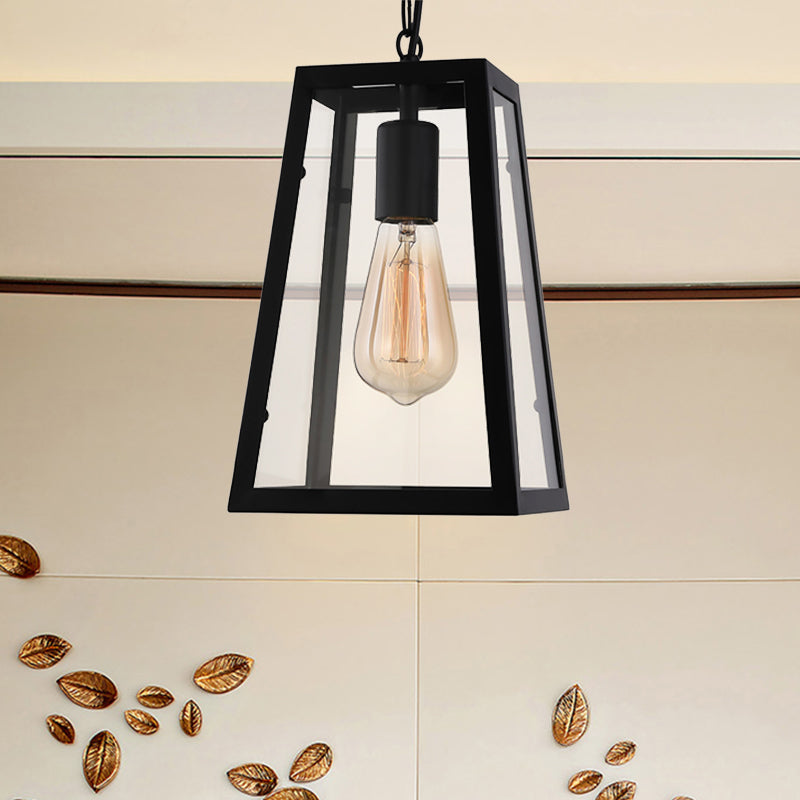 Industrial Trapezoid Pendant Lighting 1 Light Clear Glass Hanging Light Fixture in Black, 7" /12" Wide Clearhalo 'Ceiling Lights' 'Chandeliers' 'Glass shade' 'Glass' 'Industrial Pendants' 'Industrial' 'Middle Century Pendants' 'Pendant Lights' 'Pendants' 'Tiffany' Lighting' 460389