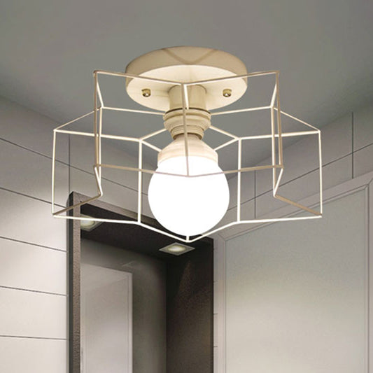 1 Bulb Star Ceiling Mounted Light with Cage Shade Industrial Black/White Metal Semi-Flush Mount Light for Bedroom White Clearhalo 'Ceiling Lights' 'Close To Ceiling Lights' 'Close to ceiling' 'Semi-flushmount' Lighting' 460394