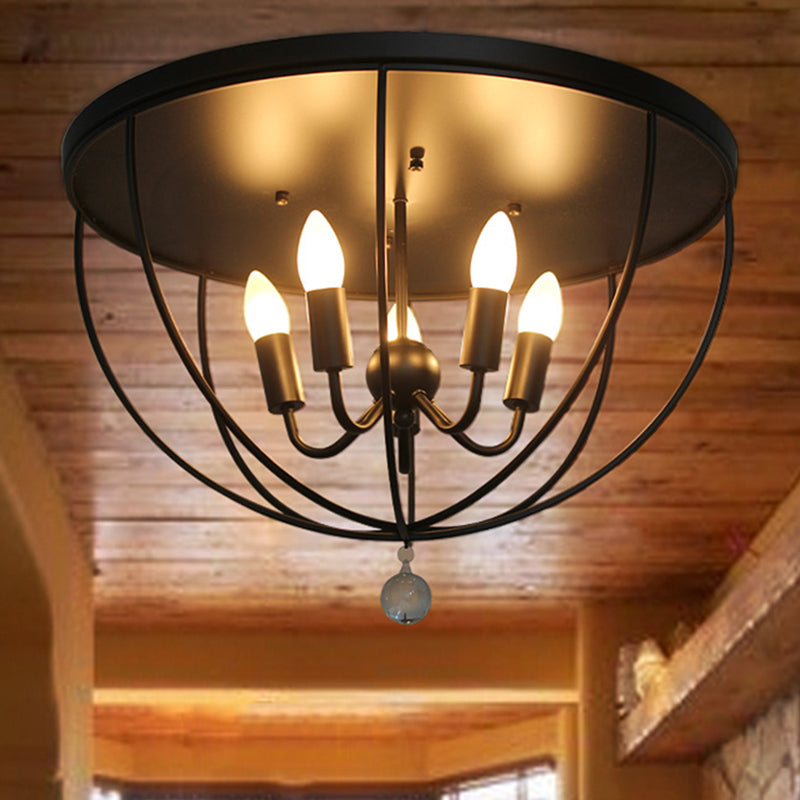 1/4/5-Head Wire Cage Flush Ceiling Light with Clear Crystal Ball Retro Black Metallic Flush Mount Light 5 Black Clearhalo 'Ceiling Lights' 'Close To Ceiling Lights' 'Close to ceiling' 'Flush mount' 'Industrial Flush Mount' Lighting' 460428