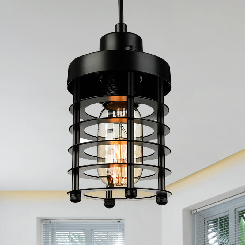 1 Head Pendant Light Industrial Cylinder Cage Shade Metallic Ceiling Light Fixture in Matte Black/Rust over Table Clearhalo 'Art Deco Pendants' 'Black' 'Cast Iron' 'Ceiling Lights' 'Ceramic' 'Crystal' 'Industrial Pendants' 'Industrial' 'Metal' 'Middle Century Pendants' 'Pendant Lights' 'Pendants' 'Rustic Pendants' 'Tiffany' Lighting' 460438