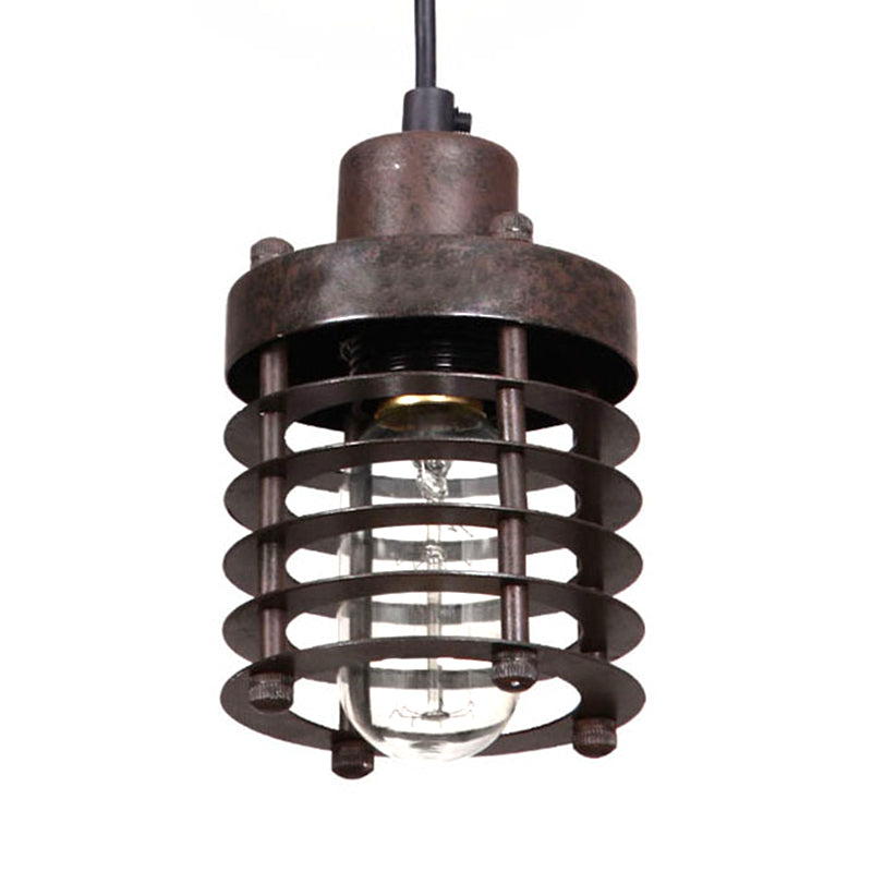 1 Head Pendant Light Industrial Cylinder Cage Shade Metallic Ceiling Light Fixture in Matte Black/Rust over Table Clearhalo 'Art Deco Pendants' 'Black' 'Cast Iron' 'Ceiling Lights' 'Ceramic' 'Crystal' 'Industrial Pendants' 'Industrial' 'Metal' 'Middle Century Pendants' 'Pendant Lights' 'Pendants' 'Rustic Pendants' 'Tiffany' Lighting' 460439