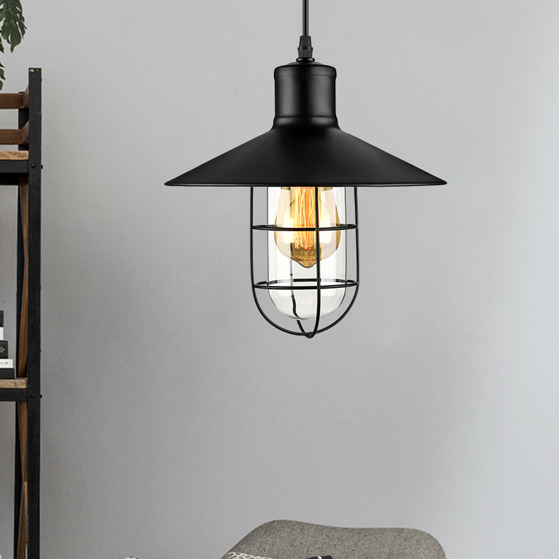 10.5"/11"/14.5" Wide 1 Bulb Pendant Lighting Nautical Style Cone Metal Ceiling Light with Wire Guard in Black Clearhalo 'Ceiling Lights' 'Close To Ceiling Lights' 'Glass shade' 'Glass' 'Industrial Pendants' 'Industrial' 'Middle Century Pendants' 'Pendant Lights' 'Pendants' 'Tiffany' Lighting' 460440