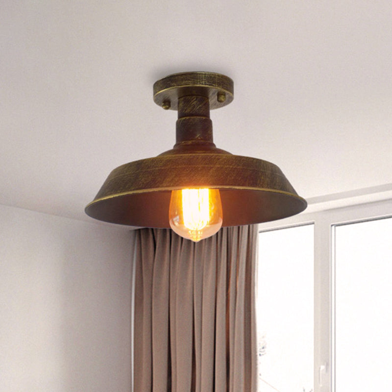 Farmhouse Barn Shade Semi-Flush Mount 1 Head Wrought Iron Ceiling Light Fixture in Aged Silver/Weathered Copper Clearhalo 'Ceiling Lights' 'Close To Ceiling Lights' 'Close to ceiling' 'Flush mount' 'Industrial Flush Mount' Lighting' 460444