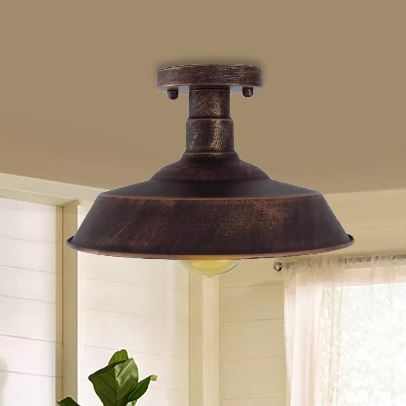 Farmhouse Barn Shade Semi-Flush Mount 1 Head Wrought Iron Ceiling Light Fixture in Aged Silver/Weathered Copper Clearhalo 'Ceiling Lights' 'Close To Ceiling Lights' 'Close to ceiling' 'Flush mount' 'Industrial Flush Mount' Lighting' 460445