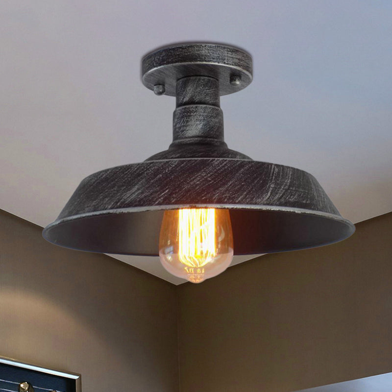 Farmhouse Barn Shade Semi-Flush Mount 1 Head Wrought Iron Ceiling Light Fixture in Aged Silver/Weathered Copper Clearhalo 'Ceiling Lights' 'Close To Ceiling Lights' 'Close to ceiling' 'Flush mount' 'Industrial Flush Mount' Lighting' 460446