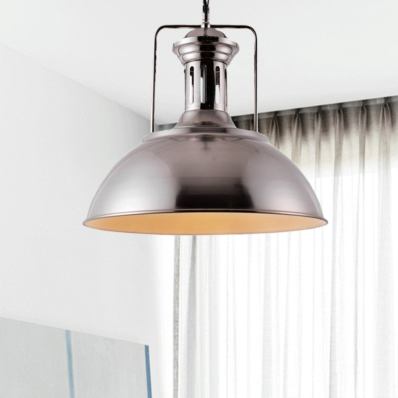 Industrial Dome Pendant Lamp 1 Light Metal Hanging Ceiling Light in Nickel/Chrome Finish for Kitchen Clearhalo 'Art Deco Pendants' 'Cast Iron' 'Ceiling Lights' 'Ceramic' 'Crystal' 'Industrial Pendants' 'Industrial' 'Metal' 'Middle Century Pendants' 'Pendant Lights' 'Pendants' 'Tiffany' Lighting' 460448