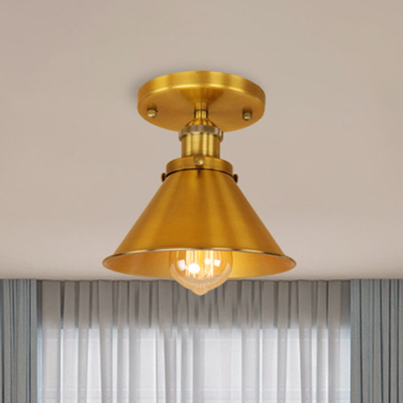 Metallic Conical Semi Flush Light Vintage Style 1 Head Corridor Semi Flush Mount Lighting in Brass/Copper Clearhalo 'Ceiling Lights' 'Close To Ceiling Lights' 'Close to ceiling' 'Semi-flushmount' Lighting' 460449