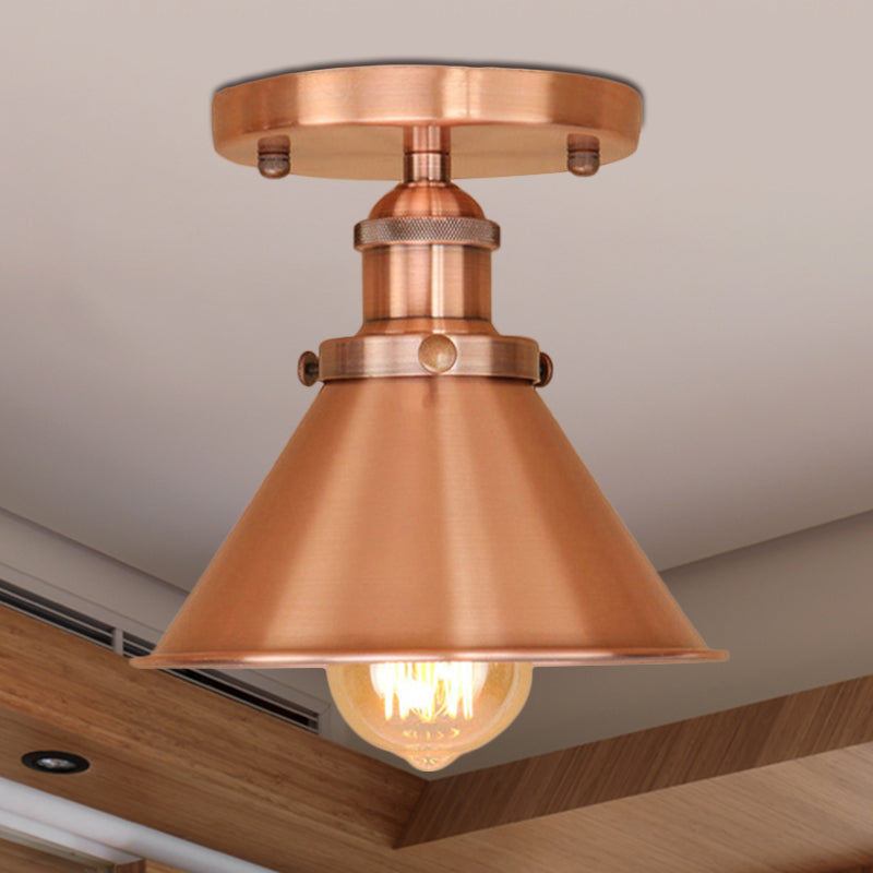 Metallic Conical Semi Flush Light Vintage Style 1 Head Corridor Semi Flush Mount Lighting in Brass/Copper Clearhalo 'Ceiling Lights' 'Close To Ceiling Lights' 'Close to ceiling' 'Semi-flushmount' Lighting' 460450