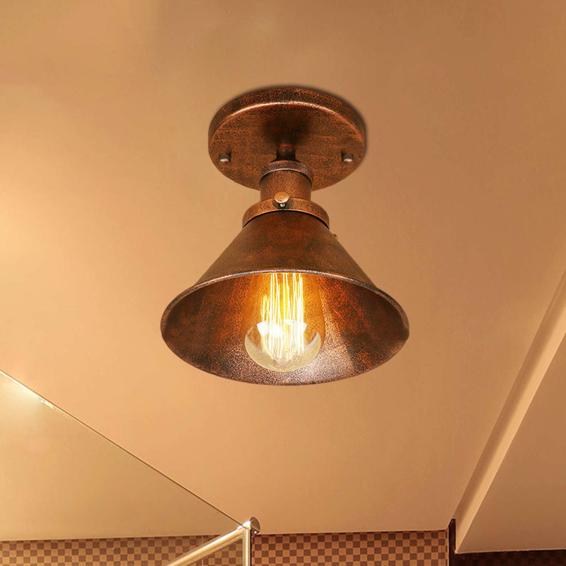 Metallic Conical Semi Flush Light Vintage Style 1 Head Corridor Semi Flush Mount Lighting in Brass/Copper Clearhalo 'Ceiling Lights' 'Close To Ceiling Lights' 'Close to ceiling' 'Semi-flushmount' Lighting' 460451