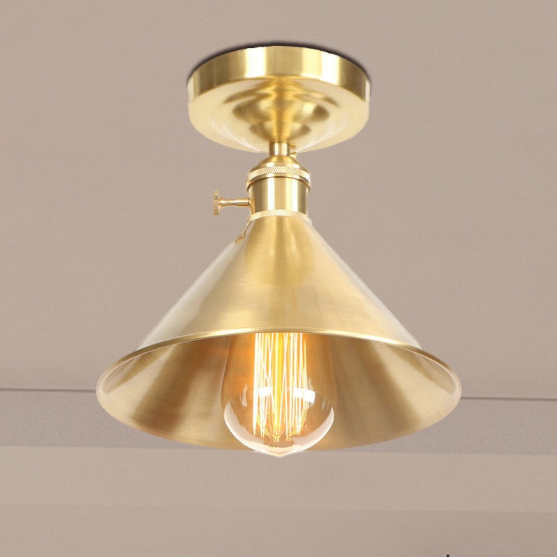 Brushed Brass Conical Semi Flush Light Vintage Industrial Metal 1 Light Balcony Ceiling Mounted Light, 8"/9.5" Wide Clearhalo 'Ceiling Lights' 'Close To Ceiling Lights' 'Close to ceiling' 'Semi-flushmount' Lighting' 460452