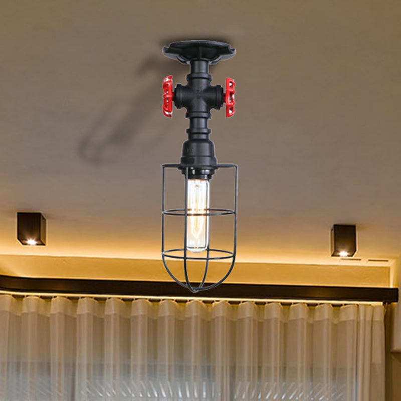 Wire Cage Metal Semi Flush Light with Valve Nautical Stylish 1 Light Living Room Ceiling Light Fixture in Black/Bronze Clearhalo 'Ceiling Lights' 'Close To Ceiling Lights' 'Close to ceiling' 'Semi-flushmount' Lighting' 460453