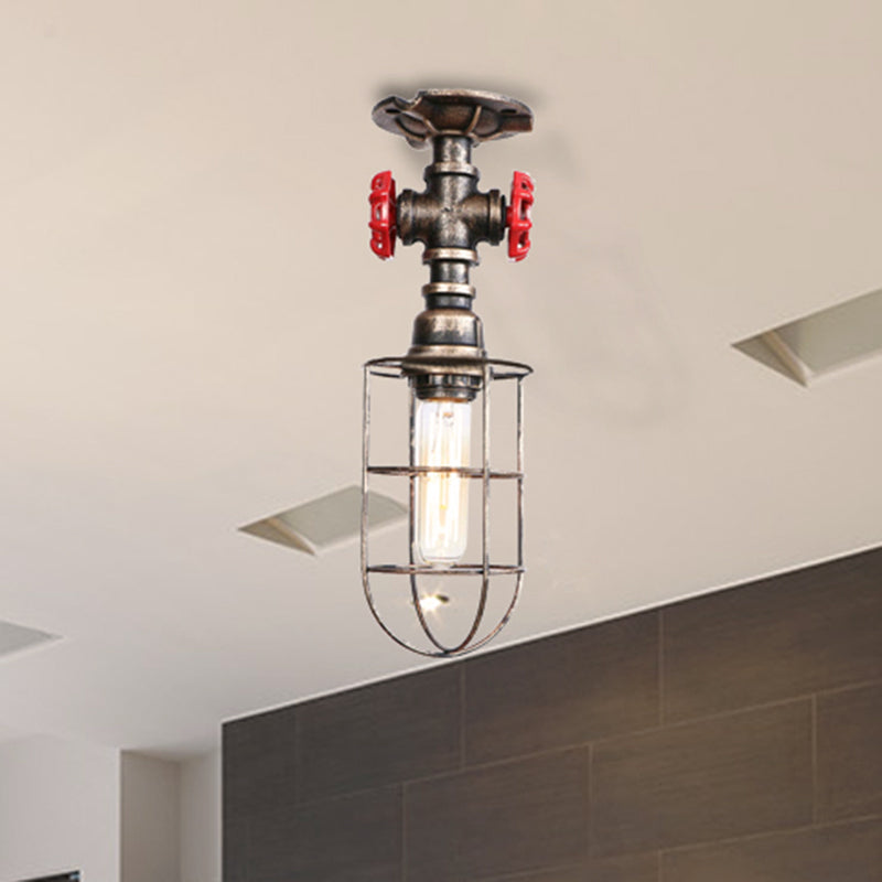 Wire Cage Metal Semi Flush Light with Valve Nautical Stylish 1 Light Living Room Ceiling Light Fixture in Black/Bronze Bronze Clearhalo 'Ceiling Lights' 'Close To Ceiling Lights' 'Close to ceiling' 'Semi-flushmount' Lighting' 460454