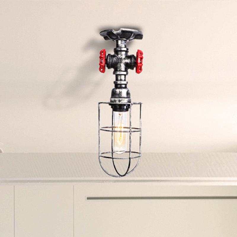 Wire Cage Metal Semi Flush Light with Valve Nautical Stylish 1 Light Living Room Ceiling Light Fixture in Black/Bronze Aged Silver Clearhalo 'Ceiling Lights' 'Close To Ceiling Lights' 'Close to ceiling' 'Semi-flushmount' Lighting' 460455