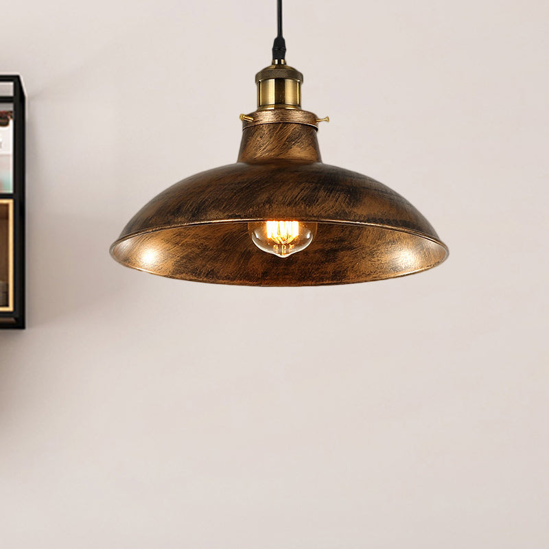 Wrought Iron Domed Ceiling Fixture Industrial 12"/14" W 1 Light Dining Room Pendant Lighting in Weathered Brass/Black Clearhalo 'Art Deco Pendants' 'Black' 'Cast Iron' 'Ceiling Lights' 'Ceramic' 'Crystal' 'Industrial Pendants' 'Industrial' 'Metal' 'Middle Century Pendants' 'Pendant Lights' 'Pendants' 'Rustic Pendants' 'Tiffany' Lighting' 460477