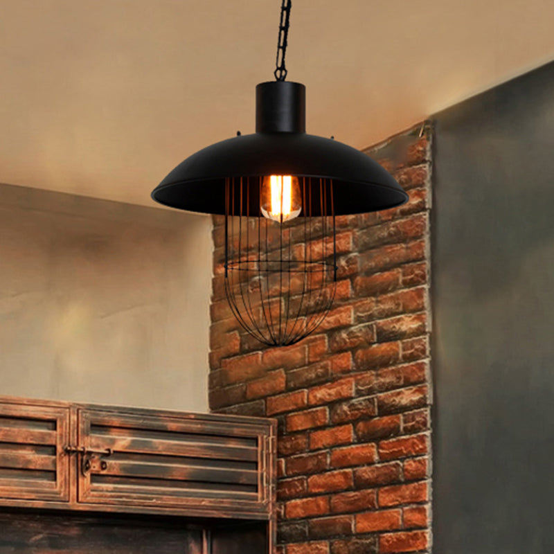 Dome Metal Suspension Light with Cage Shade Nautical 1 Light Farmhouse Pendant Lighting in Black Clearhalo 'Art Deco Pendants' 'Black' 'Cast Iron' 'Ceiling Lights' 'Ceramic' 'Crystal' 'Industrial Pendants' 'Industrial' 'Metal' 'Middle Century Pendants' 'Pendant Lights' 'Pendants' 'Rustic Pendants' 'Tiffany' Lighting' 460480
