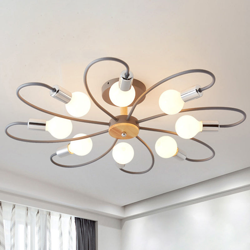 Metal Swirl Semi Flush Mount Lighting Industrial 3/6 Lights Living Room Ceiling Mounted Fixture in Grey/Green 8 Grey Clearhalo 'Ceiling Lights' 'Close To Ceiling Lights' 'Close to ceiling' 'Semi-flushmount' Lighting' 460486