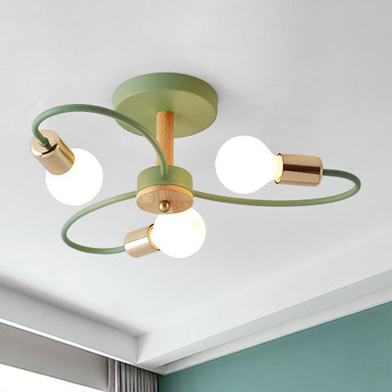 Metal Swirl Semi Flush Mount Lighting Industrial 3/6 Lights Living Room Ceiling Mounted Fixture in Grey/Green 3 Green Clearhalo 'Ceiling Lights' 'Close To Ceiling Lights' 'Close to ceiling' 'Semi-flushmount' Lighting' 460487