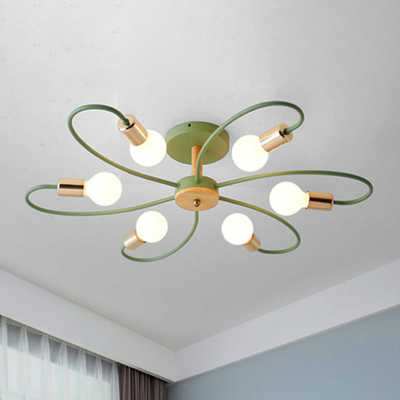 Metal Swirl Semi Flush Mount Lighting Industrial 3/6 Lights Living Room Ceiling Mounted Fixture in Grey/Green 6 Green Clearhalo 'Ceiling Lights' 'Close To Ceiling Lights' 'Close to ceiling' 'Semi-flushmount' Lighting' 460488