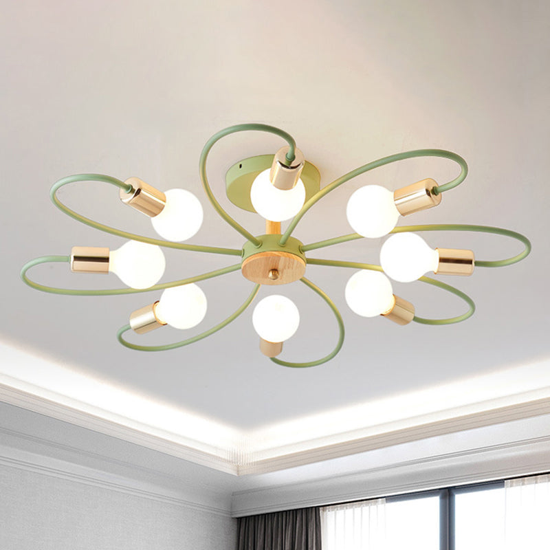 Metal Swirl Semi Flush Mount Lighting Industrial 3/6 Lights Living Room Ceiling Mounted Fixture in Grey/Green 8 Green Clearhalo 'Ceiling Lights' 'Close To Ceiling Lights' 'Close to ceiling' 'Semi-flushmount' Lighting' 460489