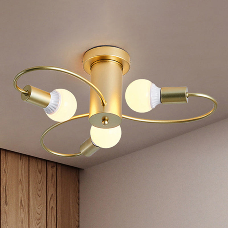 Metal Swirl Semi Flush Mount Lighting Industrial 3/6 Lights Living Room Ceiling Mounted Fixture in Grey/Green 3 Brass Clearhalo 'Ceiling Lights' 'Close To Ceiling Lights' 'Close to ceiling' 'Semi-flushmount' Lighting' 460490