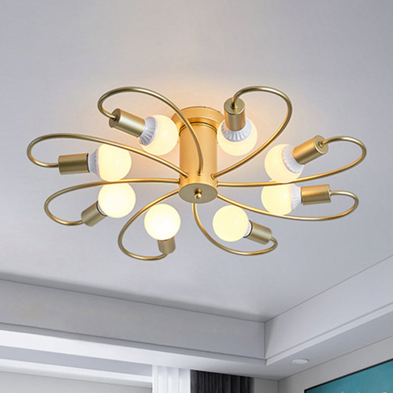 Metal Swirl Semi Flush Mount Lighting Industrial 3/6 Lights Living Room Ceiling Mounted Fixture in Grey/Green 8 Brass Clearhalo 'Ceiling Lights' 'Close To Ceiling Lights' 'Close to ceiling' 'Semi-flushmount' Lighting' 460492