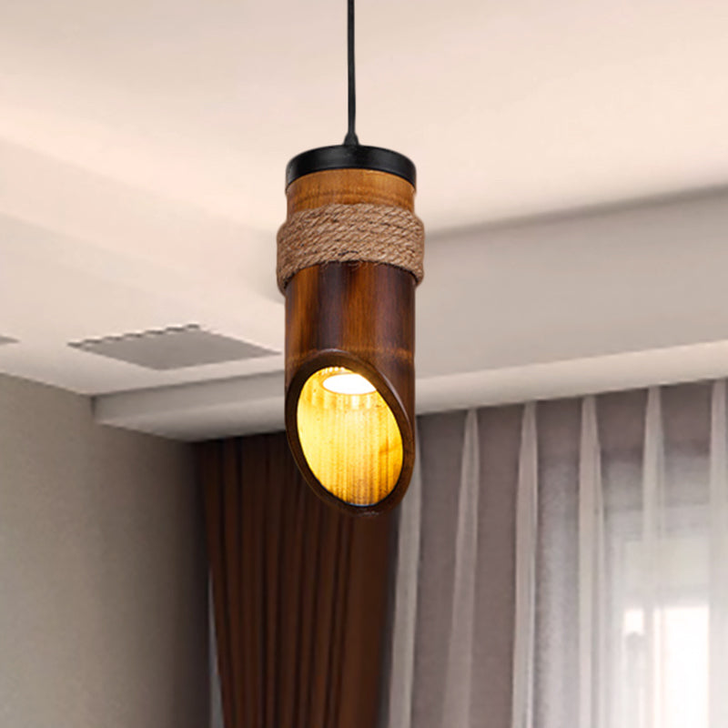 Bamboo Tubed Hanging Light Height Adjustable 1 Bulb Ceiling Pendant Lamp with Rope Clearhalo 'Ceiling Lights' 'Pendant Lights' 'Pendants' Lighting' 460494