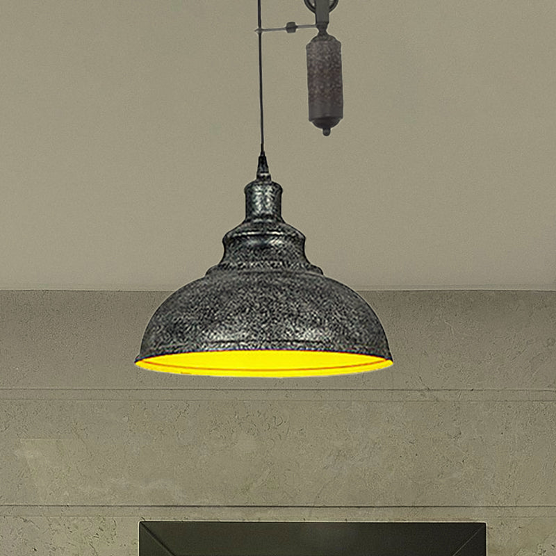 Rustic Industrial Dome Hanging Lamp with Pulley 1 Light Metal Pendant Light Fixture in Brown/Grey for Living Room Clearhalo 'Art Deco Pendants' 'Cast Iron' 'Ceiling Lights' 'Ceramic' 'Crystal' 'Industrial Pendants' 'Industrial' 'Metal' 'Middle Century Pendants' 'Pendant Lights' 'Pendants' 'Tiffany' Lighting' 460511