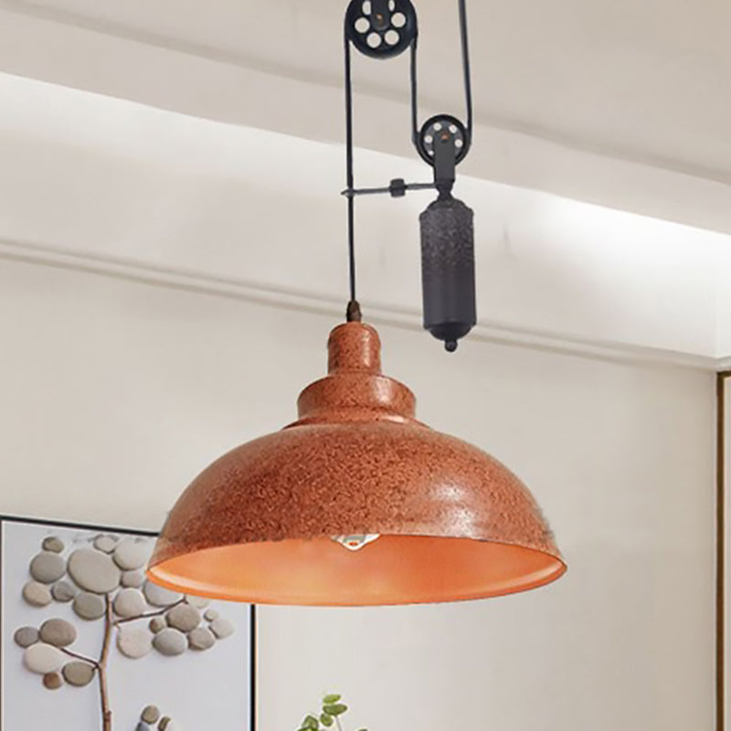 Rustic Industrial Dome Hanging Lamp with Pulley 1 Light Metal Pendant Light Fixture in Brown/Grey for Living Room Clearhalo 'Art Deco Pendants' 'Cast Iron' 'Ceiling Lights' 'Ceramic' 'Crystal' 'Industrial Pendants' 'Industrial' 'Metal' 'Middle Century Pendants' 'Pendant Lights' 'Pendants' 'Tiffany' Lighting' 460512