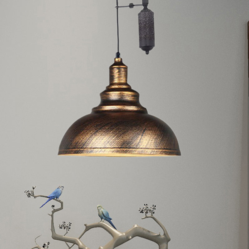 Rustic Industrial Dome Hanging Lamp with Pulley 1 Light Metal Pendant Light Fixture in Brown/Grey for Living Room Clearhalo 'Art Deco Pendants' 'Cast Iron' 'Ceiling Lights' 'Ceramic' 'Crystal' 'Industrial Pendants' 'Industrial' 'Metal' 'Middle Century Pendants' 'Pendant Lights' 'Pendants' 'Tiffany' Lighting' 460513