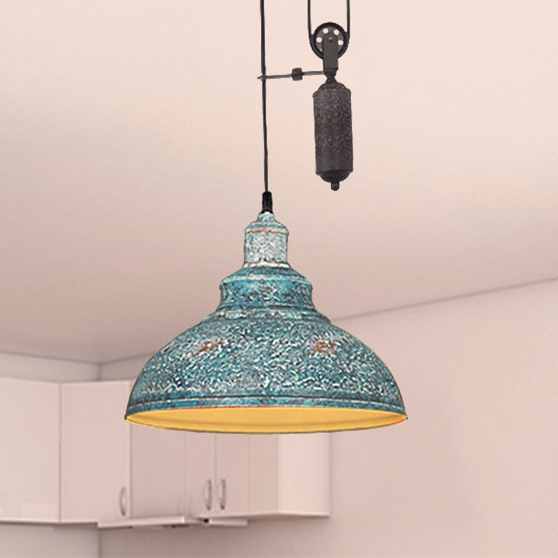 Rustic Industrial Dome Hanging Lamp with Pulley 1 Light Metal Pendant Light Fixture in Brown/Grey for Living Room Clearhalo 'Art Deco Pendants' 'Cast Iron' 'Ceiling Lights' 'Ceramic' 'Crystal' 'Industrial Pendants' 'Industrial' 'Metal' 'Middle Century Pendants' 'Pendant Lights' 'Pendants' 'Tiffany' Lighting' 460514