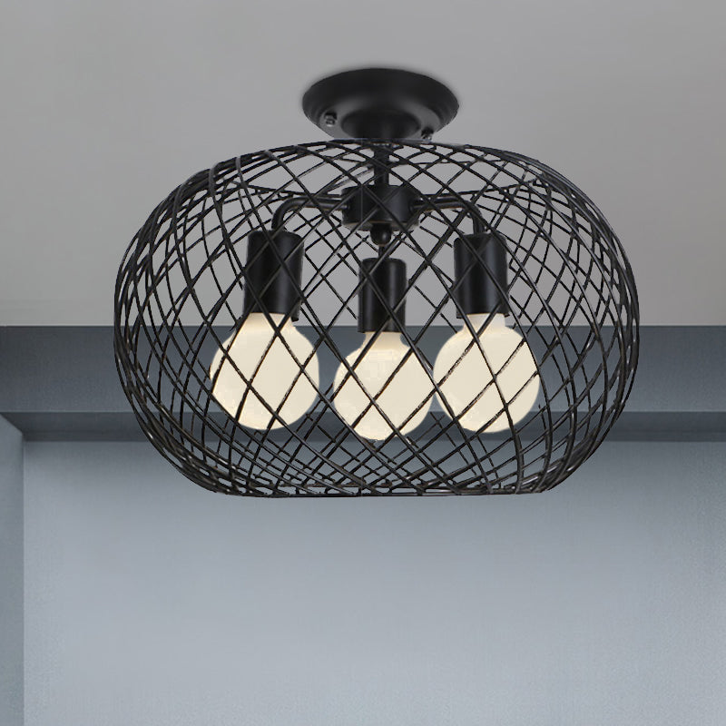 Black Drum Design Semi Flush Light with Wire Frame Vintage Retro Metallic 3 Heads Foyer Semi Flush Mount Light, 16"/16.5" W Clearhalo 'Ceiling Lights' 'Close To Ceiling Lights' 'Close to ceiling' 'Semi-flushmount' Lighting' 460522