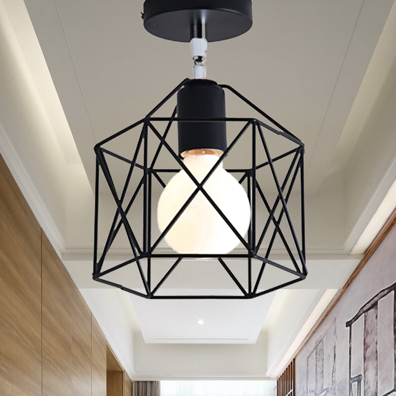 Cylinder/Drum Cage Bedroom Semi-Flush Ceiling Fixture Retro Vintage Metal 1 Head Black Rotatable Semi Flush Light Clearhalo 'Ceiling Lights' 'Close To Ceiling Lights' 'Close to ceiling' 'Semi-flushmount' Lighting' 460537