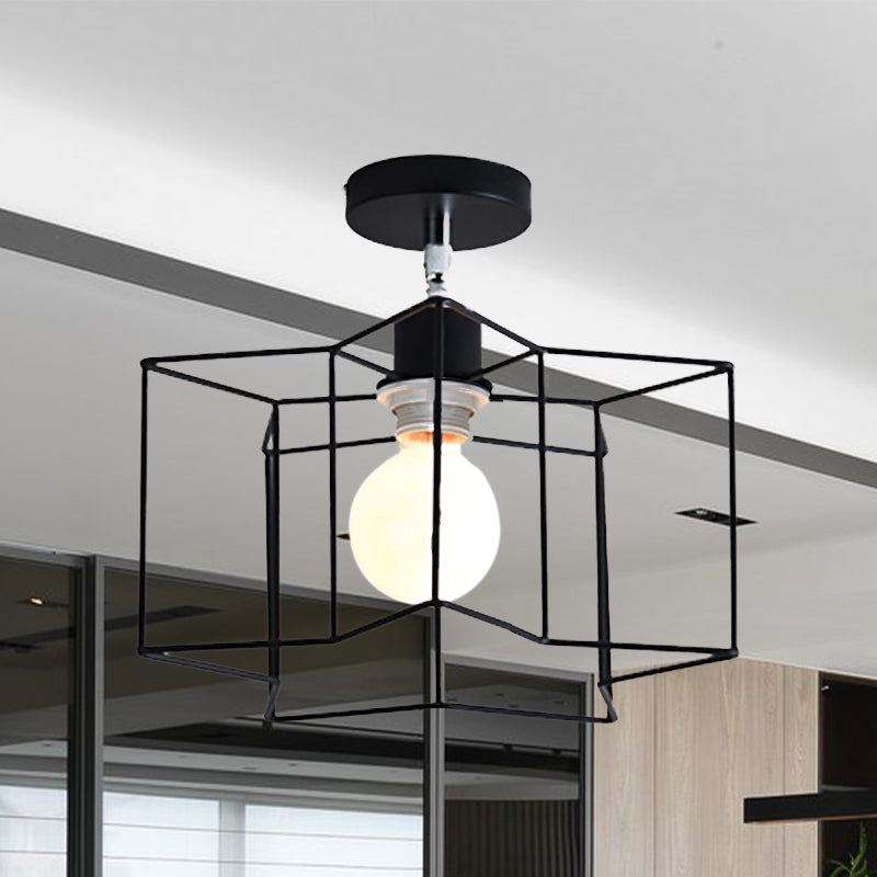 Cylinder/Drum Cage Bedroom Semi-Flush Ceiling Fixture Retro Vintage Metal 1 Head Black Rotatable Semi Flush Light Clearhalo 'Ceiling Lights' 'Close To Ceiling Lights' 'Close to ceiling' 'Semi-flushmount' Lighting' 460538