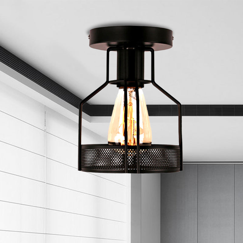 1 Head Cage Semi Flush Mount Light with Mesh Screen Industrial Loft Black Metal Ceiling Lighting for Dining Room Clearhalo 'Ceiling Lights' 'Close To Ceiling Lights' 'Close to ceiling' 'Semi-flushmount' Lighting' 460543