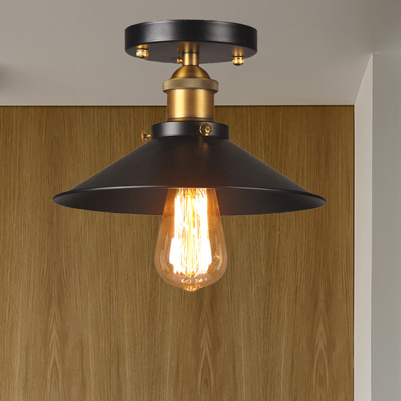 9.5"/10" Dia Flat Shade Corridor Ceiling Mounted Light Industrial Metallic 1 Head Semi Flush Light in Black Clearhalo 'Ceiling Lights' 'Close To Ceiling Lights' 'Close to ceiling' 'Semi-flushmount' Lighting' 460546