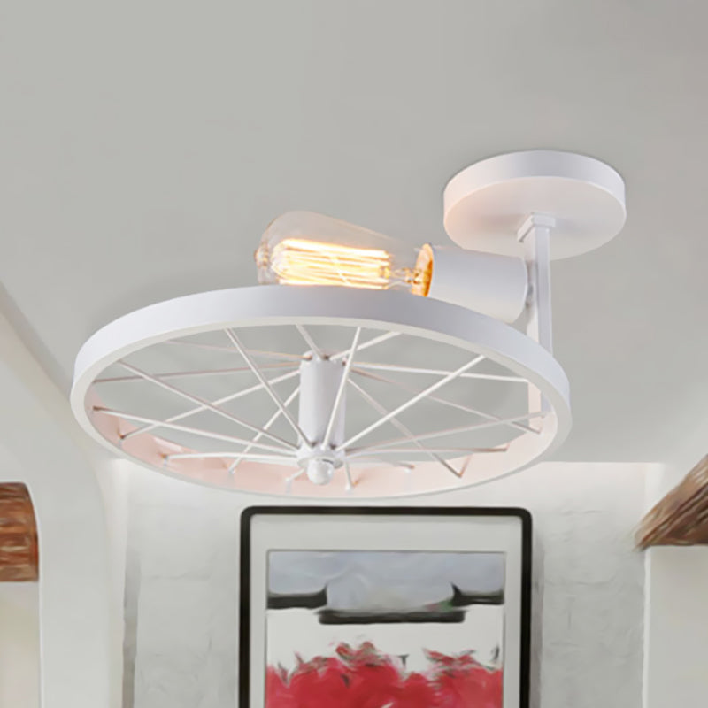 1 Head Wheel Shaped Semi Flush Light with Exposed Bulb Industrial White/Red Metallic Ceiling Mounted Light White Clearhalo 'Ceiling Lights' 'Close To Ceiling Lights' 'Close to ceiling' 'Semi-flushmount' Lighting' 460554