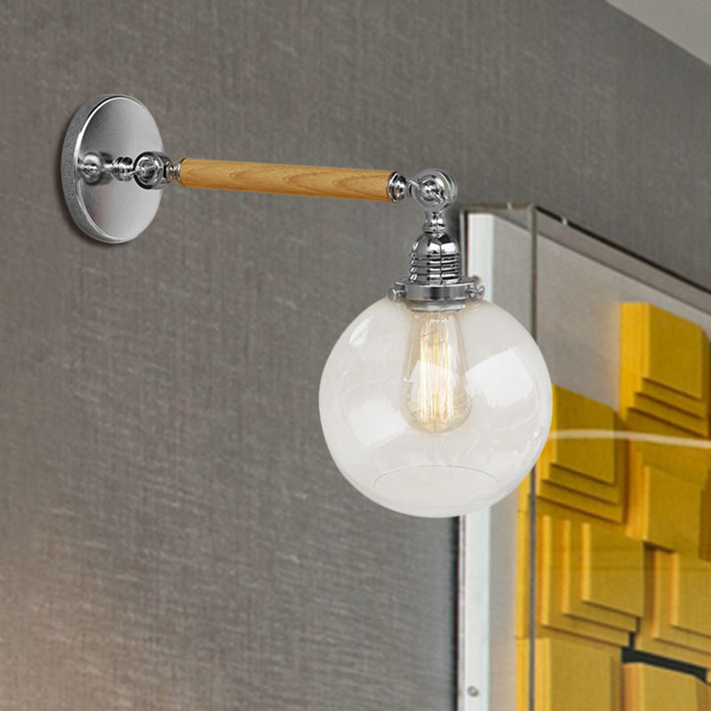 Vintage Orb Wall Lighting Fixture 1 Bulb Clear Glass Sconce Light in Chrome for Bathroom, 8"/4"/6" Wide Wooden Arm Clearhalo 'Industrial wall lights' 'Industrial' 'Middle century wall lights' 'Rustic wall lights' 'Tiffany' 'Wall Lamps & Sconces' 'Wall Lights' Lighting' 460692