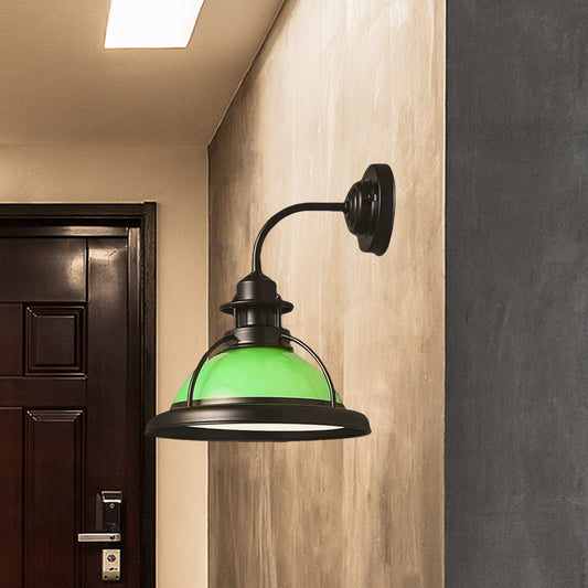 Dome White/Green Glass Wall Mounted Lamp Industrial Single Bulb Bedroom Sconce Light in Black with Curved Arm Clearhalo 'Art deco wall lights' 'Cast Iron' 'Glass' 'Industrial wall lights' 'Industrial' 'Middle century wall lights' 'Modern' 'Rustic wall lights' 'Tiffany' 'Traditional wall lights' 'Wall Lamps & Sconces' 'Wall Lights' Lighting' 460716