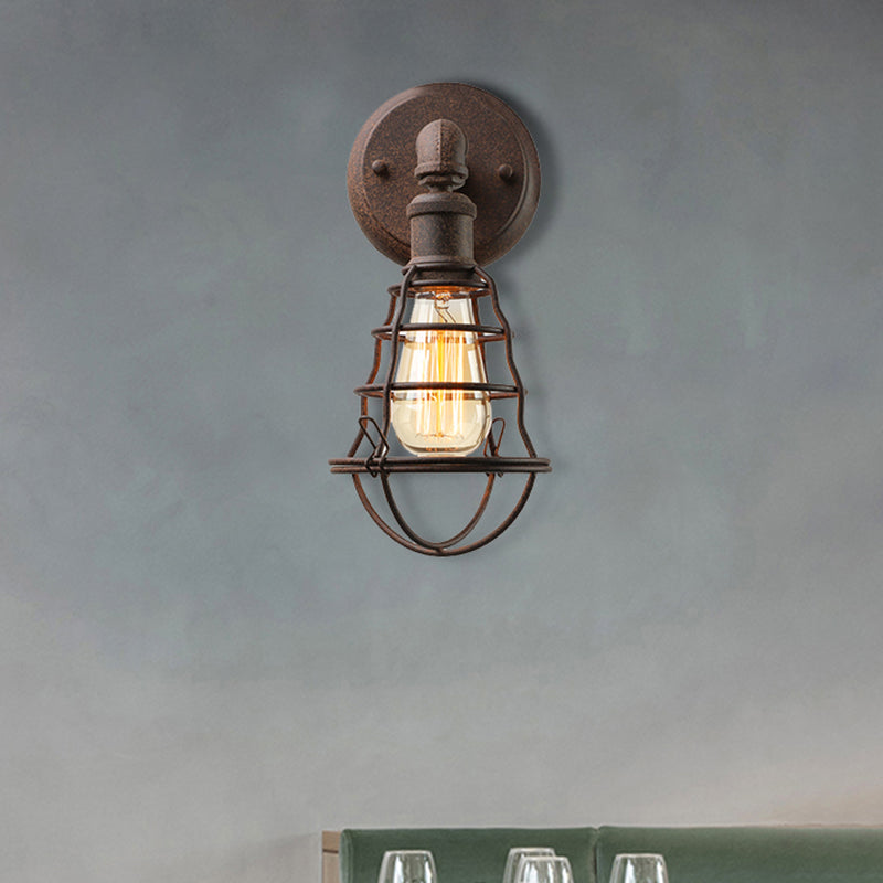 Wire Frame Iron Sconce Wall Light with Pipe Farmhouse 1 Head Dining Room Mini Wall Light Fixture in Rust Clearhalo 'Art deco wall lights' 'Cast Iron' 'Glass' 'Industrial wall lights' 'Industrial' 'Middle century wall lights' 'Modern' 'Rustic wall lights' 'Tiffany' 'Traditional wall lights' 'Wall Lamps & Sconces' 'Wall Lights' Lighting' 460730