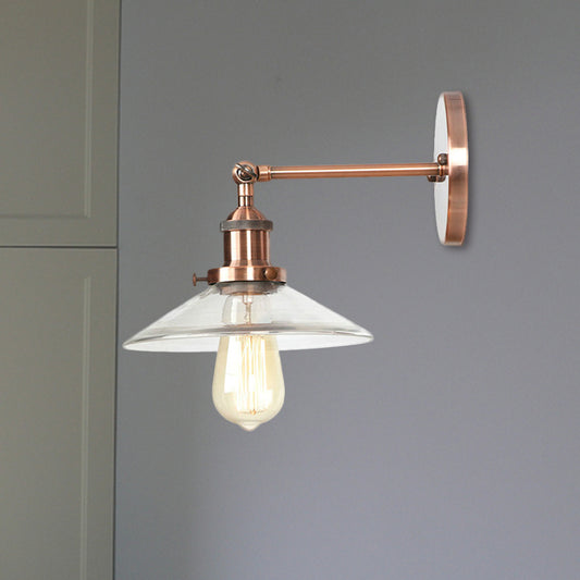 Conical Bedroom Wall Light Fixture Vintage Clear Glass 1 Light Copper Sconce Lamp Clearhalo 'Cast Iron' 'Glass' 'Industrial wall lights' 'Industrial' 'Middle century wall lights' 'Modern' 'Tiffany' 'Traditional wall lights' 'Wall Lamps & Sconces' 'Wall Lights' Lighting' 460731