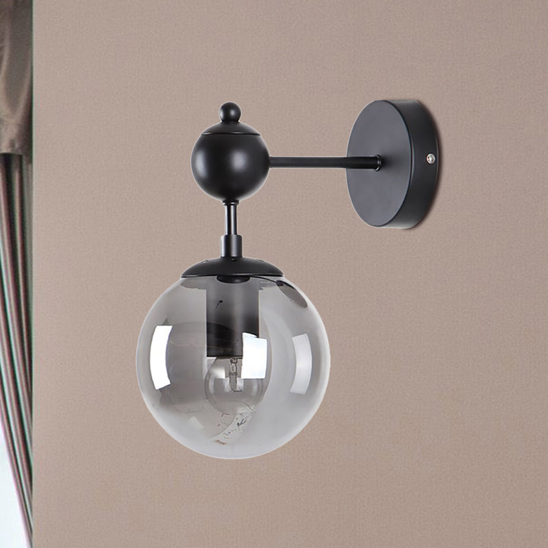 Globe Shade Living Room Wall Light Fixture Industrial Clear/Grey/Amber Glass 1 Light Black Sconce Lamp Clearhalo 'Cast Iron' 'Glass' 'Industrial' 'Modern wall lights' 'Modern' 'Tiffany' 'Traditional wall lights' 'Wall Lamps & Sconces' 'Wall Lights' Lighting' 460757
