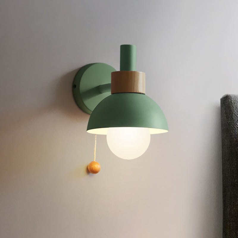 Macaron Domed Sconce Light Fixture 1 Bulb Wall Light Fixture with Metal Shade and Pull Chain in White/Pink/Green Clearhalo 'Cast Iron' 'Glass' 'Industrial' 'Modern wall lights' 'Modern' 'Tiffany' 'Traditional wall lights' 'Wall Lamps & Sconces' 'Wall Lights' Lighting' 460793